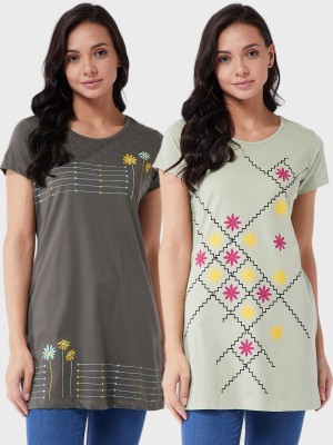 Modeve Printed, Geometric Print, Graphic Print, Floral Print, Polka Print, Typography, Checkered Women Round Neck Dark Green, Light Green T-Shirt