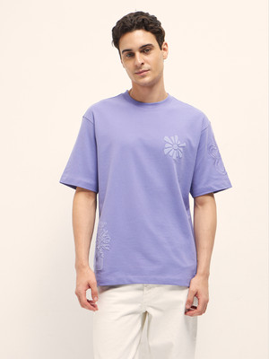 THE BEAR HOUSE Self Design Men Round Neck Purple T-Shirt
