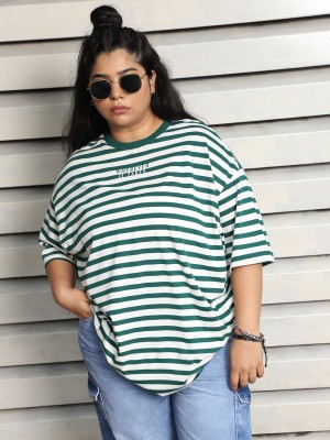 High Star Striped Women Round Neck Green T-Shirt