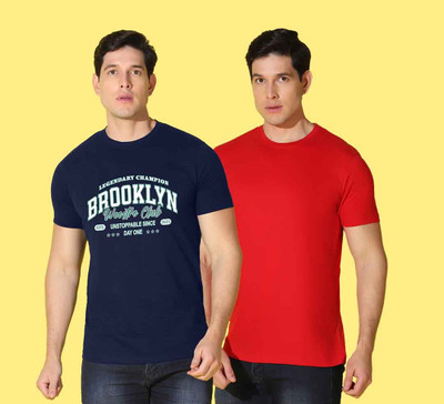 WOOSTRO Typography Men Round Neck Navy Blue, Red T-Shirt