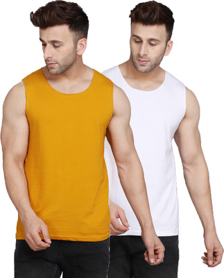 SLOWLORIS Solid, Colorblock Men Scoop Neck Yellow, White T-Shirt