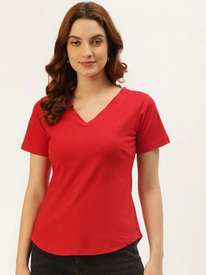 BRINNS Solid Women V Neck Red T-Shirt