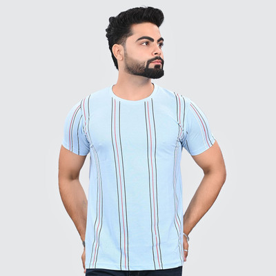 KASPY Striped Men Round Neck Blue T-Shirt
