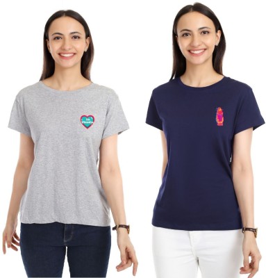 EKTHO Printed Women Round Neck Grey, Navy Blue T-Shirt