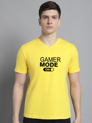 FBAR Typography Men V Neck Yellow T-Shirt