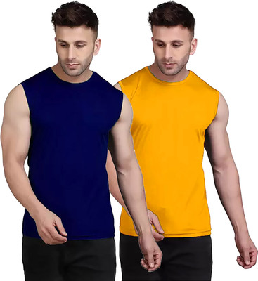 Think Tech Solid Men Round Neck Dark Blue, Yellow T-Shirt
