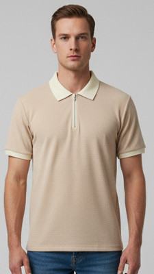 CrisPet Solid, Self Design Men Zip Neck Beige T-Shirt