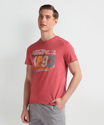 U.S. POLO ASSN. Typography Men Round Neck Pink T-Shirt