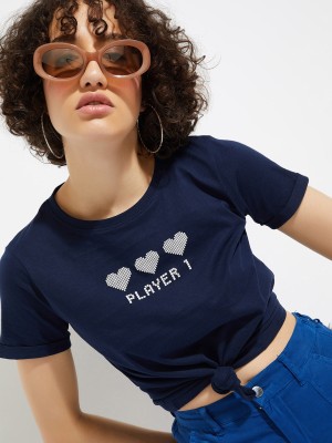 MAX Printed, Typography Women Round Neck Dark Blue T-Shirt