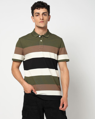 Blue Buddha Striped Men Polo Neck Multicolor T-Shirt