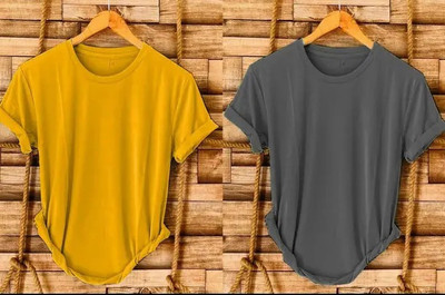 V DAS Solid Men Round Neck Reversible Yellow, Grey T-Shirt
