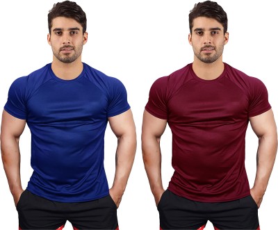 ONEBIT Solid Men Round Neck Dark Blue, Maroon T-Shirt