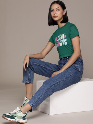 Roadster Printed Women Round Neck Green T-Shirt