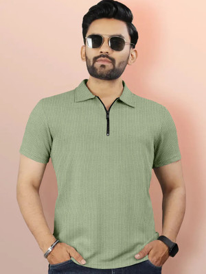 MENTIFIC Self Design Men Polo Neck Light Green T-Shirt