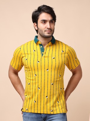 BERRYBLUES Printed Men Polo Neck Yellow T-Shirt