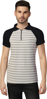 Blisstone Striped Men Polo Neck Grey T-Shirt