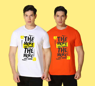 WOOSTRO Printed Men Round Neck White, Orange T-Shirt