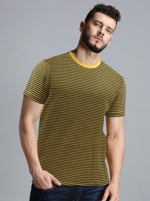 UrGear Striped Men Round Neck Yellow T-Shirt