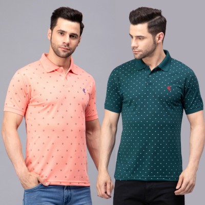 We Perfect Printed Men Polo Neck Pink, Green T-Shirt