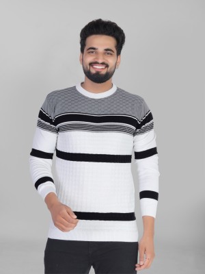 HouseOfCommon Striped Men Round Neck Grey, White T-Shirt