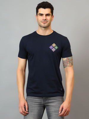 CANTABIL Solid Men Round Neck Navy Blue T-Shirt