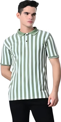 COPEHHI Striped Men Polo Neck White, Green T-Shirt