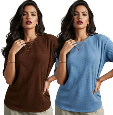 VDTREND Solid Women Round Neck Blue, Brown T-Shirt