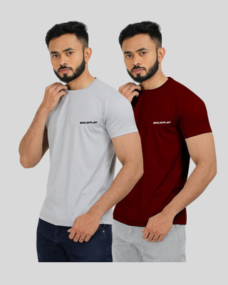 INDICLUB Self Design Men Round Neck Silver, Maroon T-Shirt