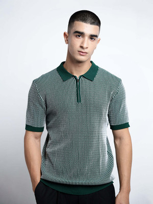 SHOWOFFFF Self Design Men Polo Neck Green T-Shirt
