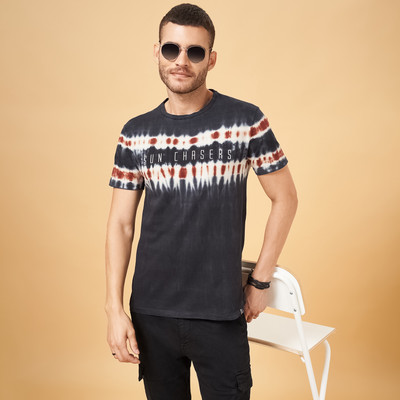 PEOPLE Printed Men Round Neck Dark Blue, Brown, White T-Shirt