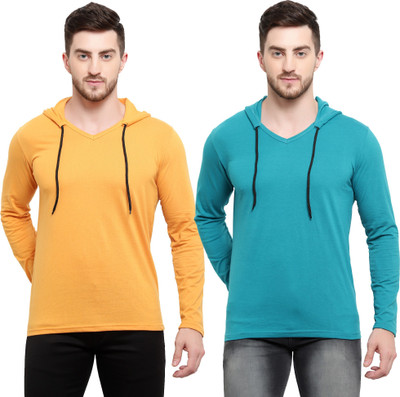 Adorbs Trend Solid Men Hooded Neck Blue, Yellow T-Shirt
