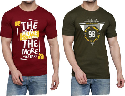 WOOSTRO Printed Men Round Neck Maroon, Dark Green T-Shirt