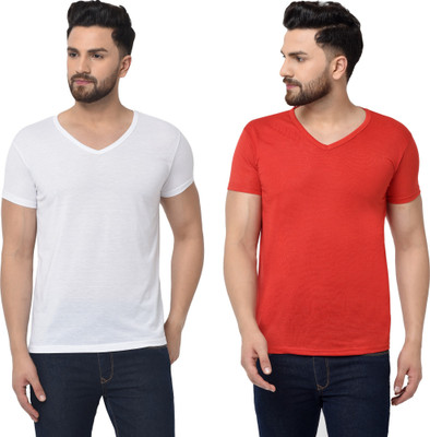 Tresna Trending Solid Men V Neck Red, White T-Shirt