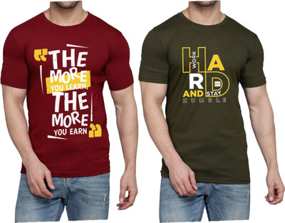 WOOSTRO Printed Men Round Neck Maroon, Dark Green T-Shirt