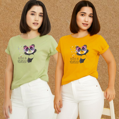 Kasendra Graphic Print Women Round Neck Green, Yellow T-Shirt