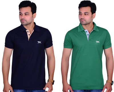 La Milano Solid Men Polo Neck Green, Dark Blue T-Shirt