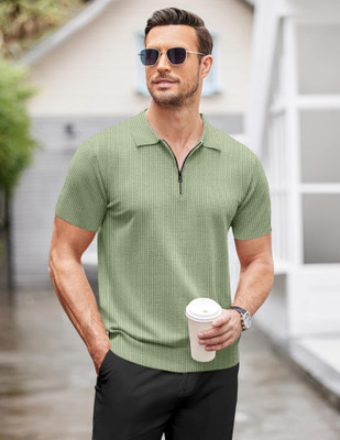 trueoath Self Design Men Polo Neck Light Green T-Shirt