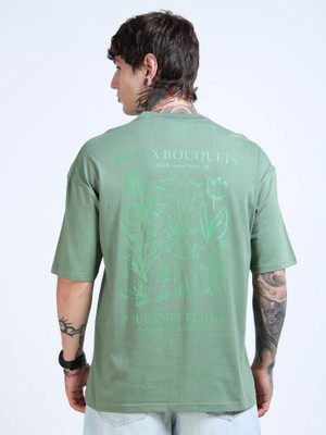 Glitchez Graphic Print Men Round Neck Light Green T-Shirt