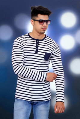FARICON Striped Men Round Neck Grey T-Shirt