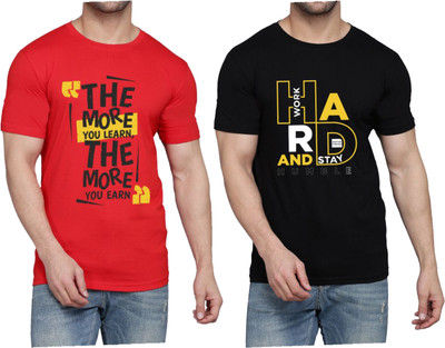 WOOSTRO Printed Men Round Neck Red, Black T-Shirt