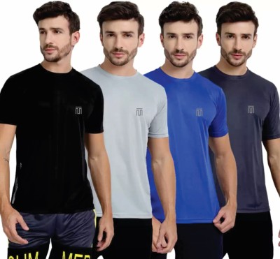 Lasmo Solid Men Round Neck Grey, Black, Silver, Dark Blue T-Shirt