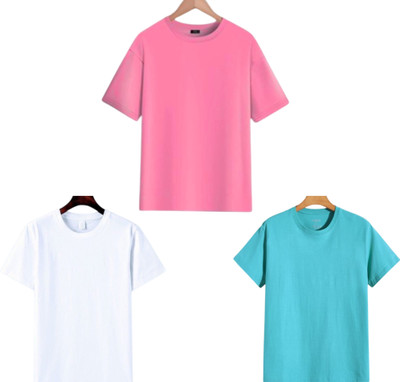 TTFE Solid Men Round Neck Pink, Light Blue, White T-Shirt