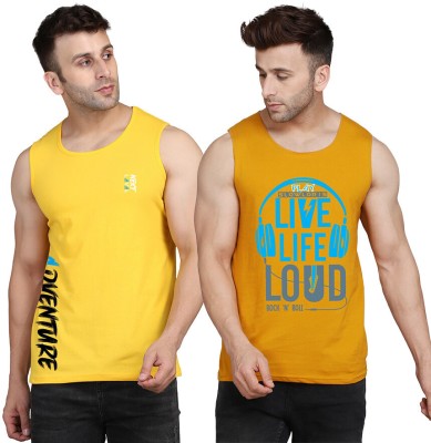 SLOWLORIS Printed Men Scoop Neck Yellow, White T-Shirt