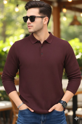 Siya Fashion Solid Men Polo Neck Maroon T-Shirt