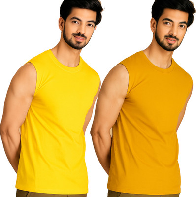 Adorbs Solid Men Round Neck Yellow T-Shirt