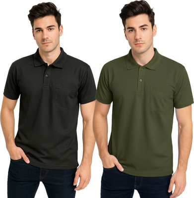 BLACK COOL Solid Men Polo Neck Black, Green T-Shirt