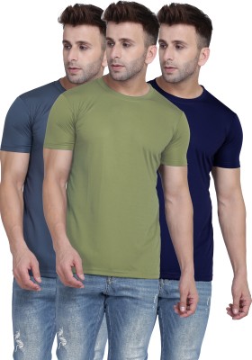 TQH Solid Men Round Neck Light Green, Grey, Dark Blue T-Shirt