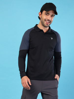TECHNOSPORT Colorblock Men Polo Neck Black T-Shirt