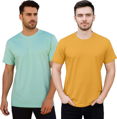 YUALIN CREATION Solid Men Crew Neck Blue, Yellow T-Shirt