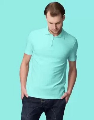 Silver Swan Solid Men Polo Neck Blue T-Shirt